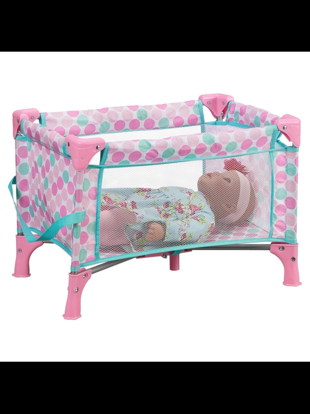 Sweet Love Pink Polka Dot Doll Playpen with Teal Trim